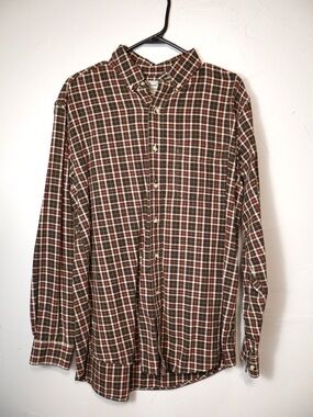 LL Bean 100% Cotton Brown Gingham Button Down Flannel Shirt Size Medium